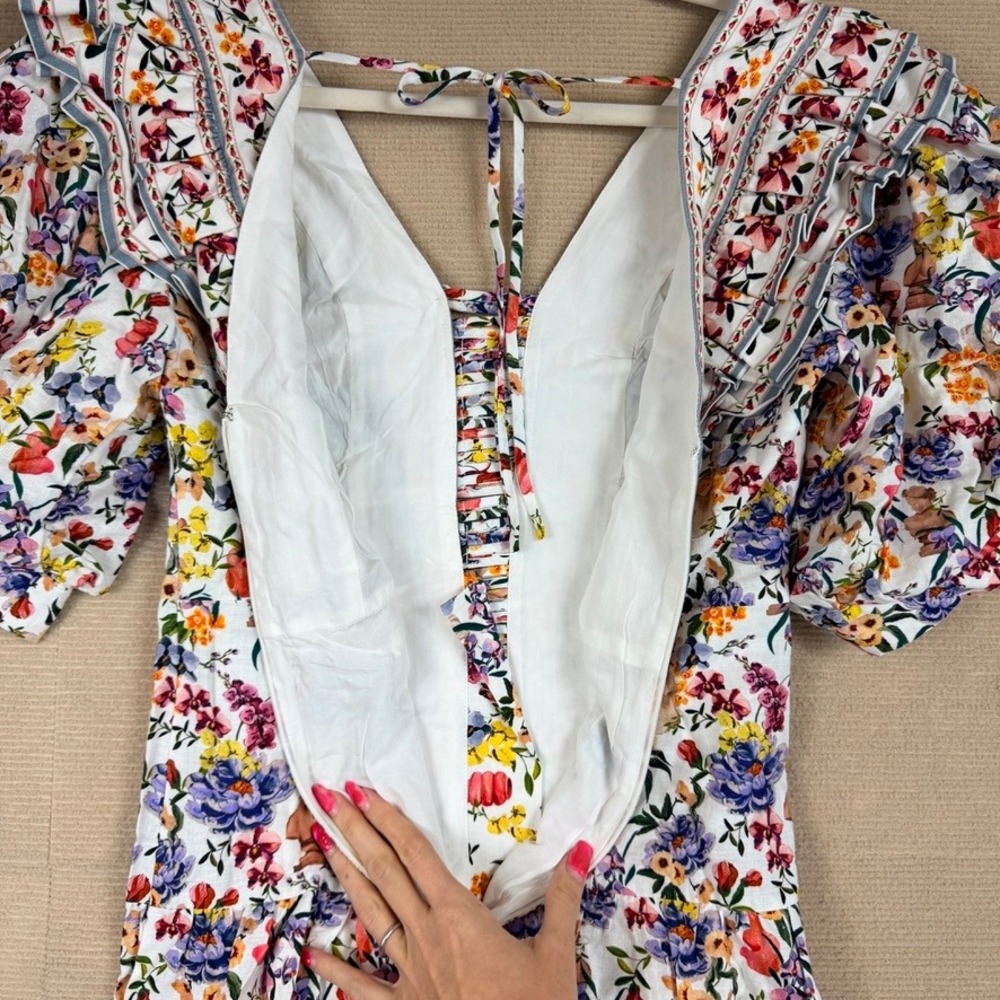 Farm Rio Greek Garden Off-White Topstitched Yoke Mini Dress Floral Womens M - Picture 13 of 13